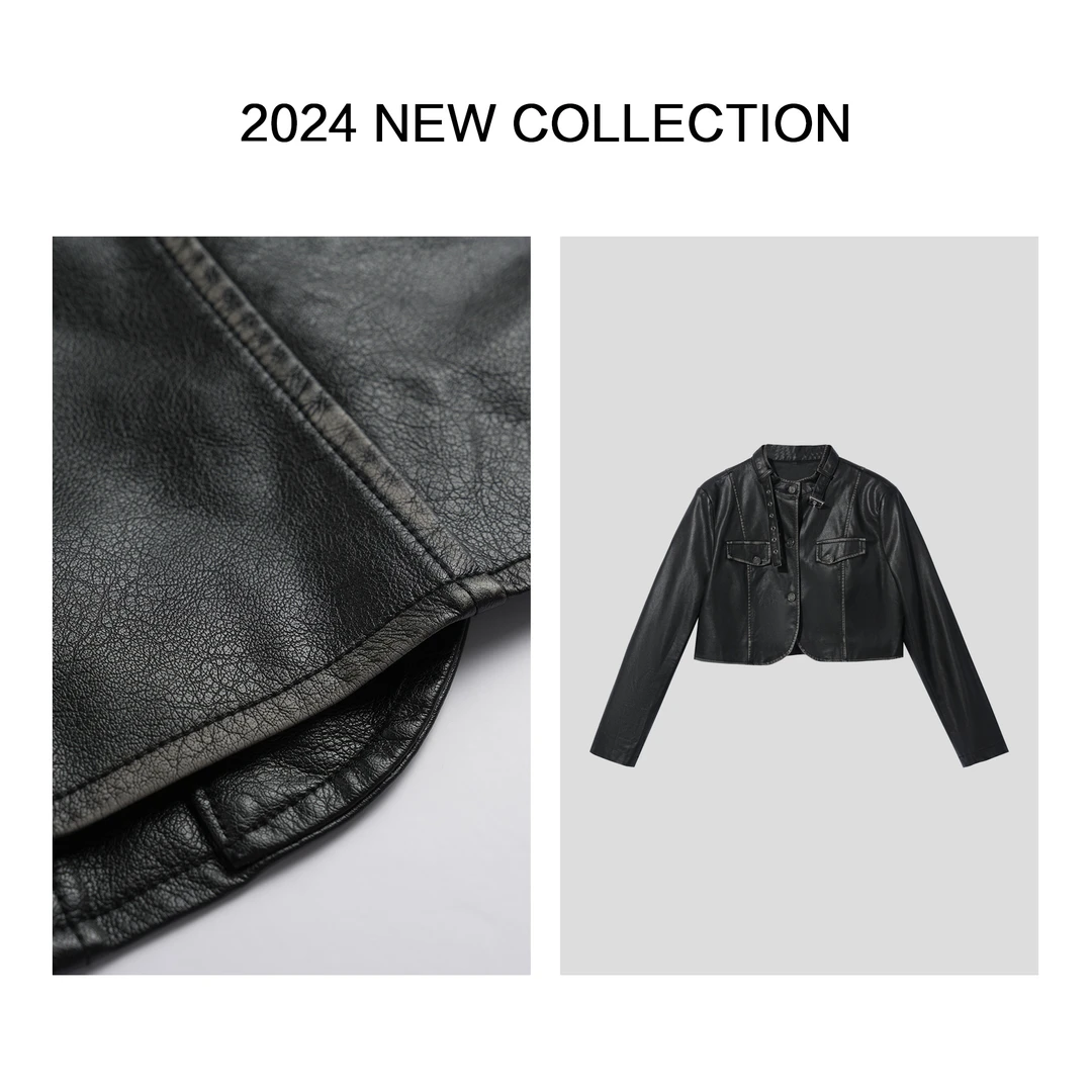 【芳芳专属】W5F16008 经典秋季女装皮质立领夹克牛仔短款