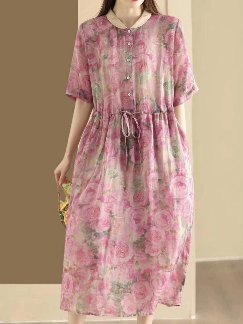 7303#夏季新款印花连衣裙女宽松显瘦收腰拼色短袖文艺碎花裙