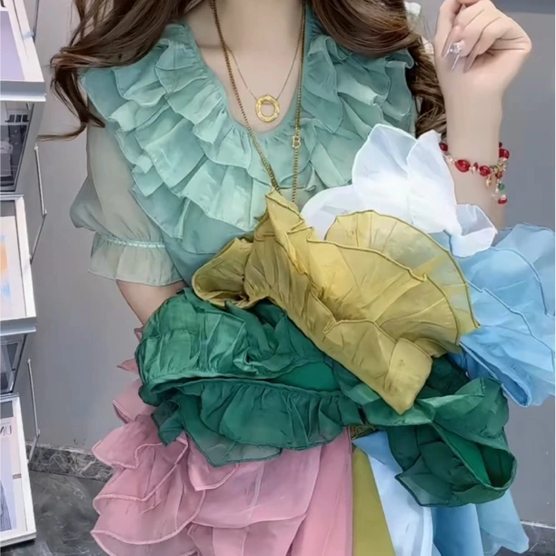 洋气半袖女气质菲菲边显瘦百搭上衣潮988885