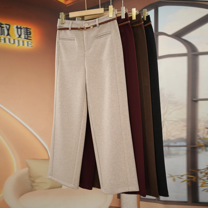 醋酸绵羊毛直筒阔腿裤女冬季新款加厚宽松显瘦高腰垂感休闲毛呢裤