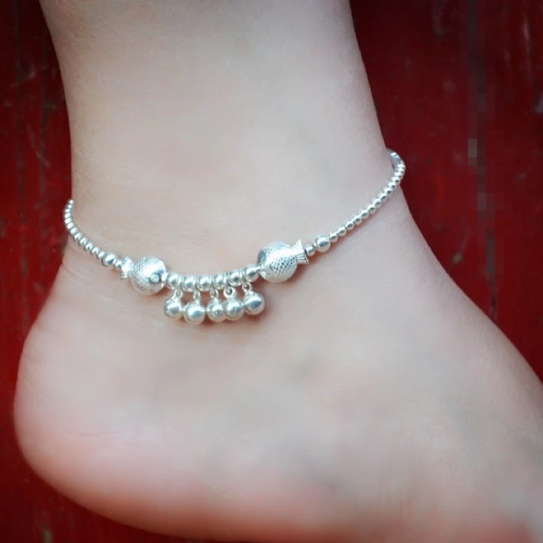 925银脚链 925纯银脚链亲吻鱼双鱼铃铛脚链银珠会响情人节礼物女