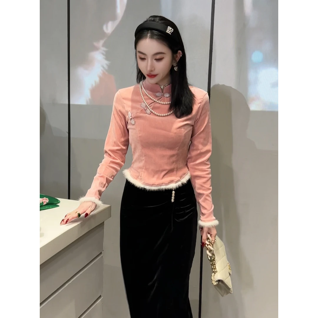 新中式温柔风甜美拼接毛绒立领长袖打底衫女秋季复古盘扣休闲上衣