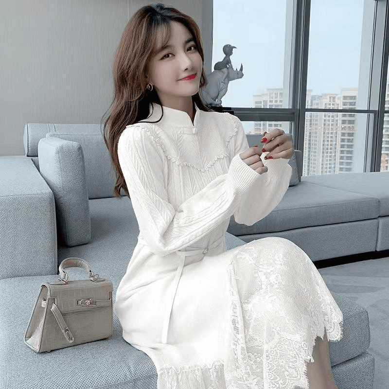 立领针织连衣裙女秋冬新款复古气质减龄收腰中长款内搭旗袍毛衣裙