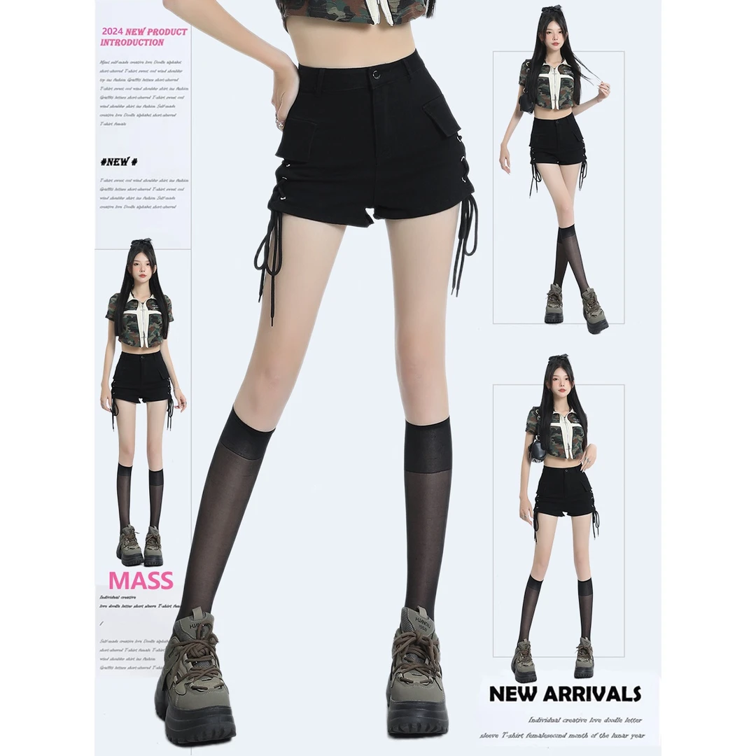 2025夏季新款黑色高腰a字牛仔短裤女设计感绑带工装辣妹显瘦热裤