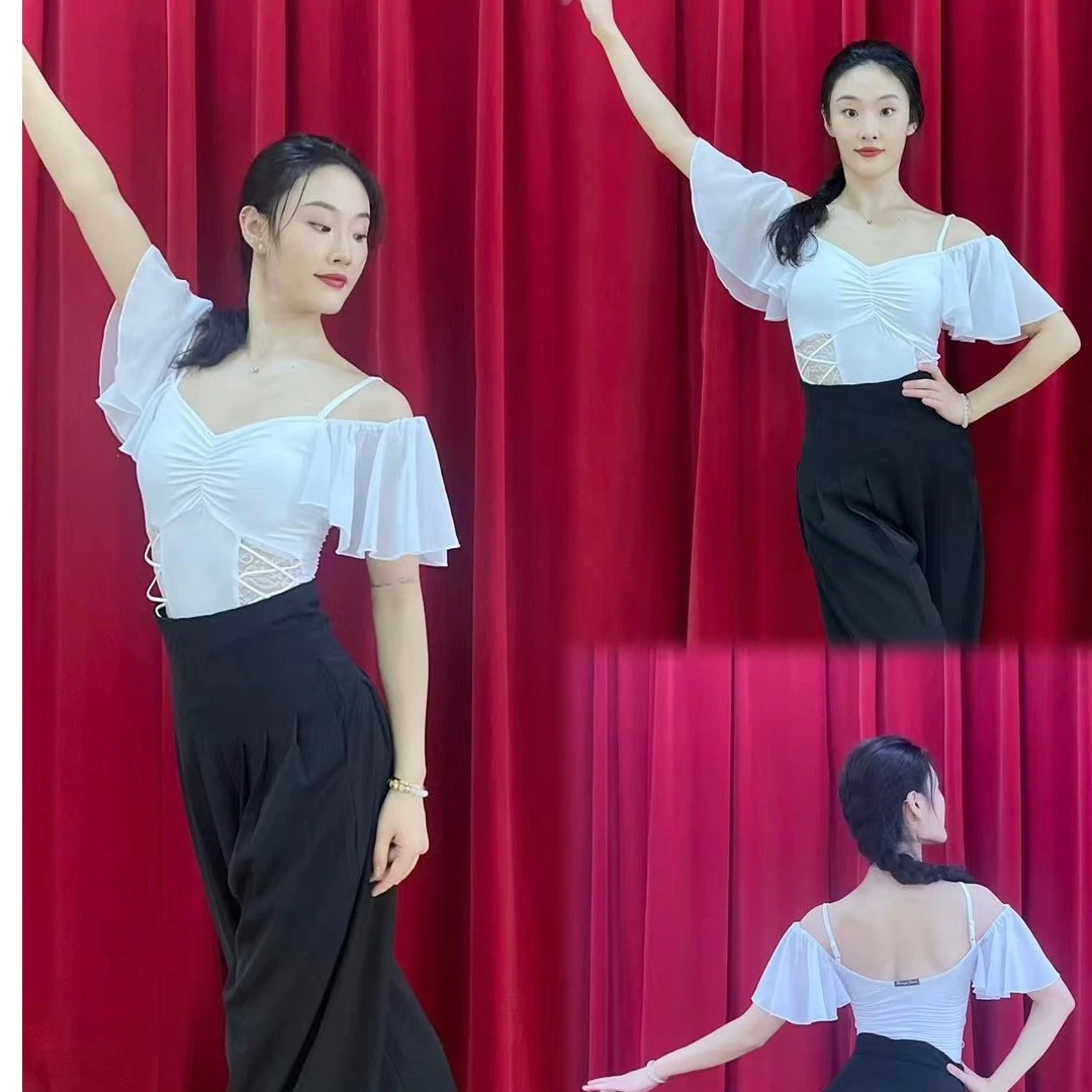 【BW】舞服摩登舞上衣飘纱绑带黑白红显瘦