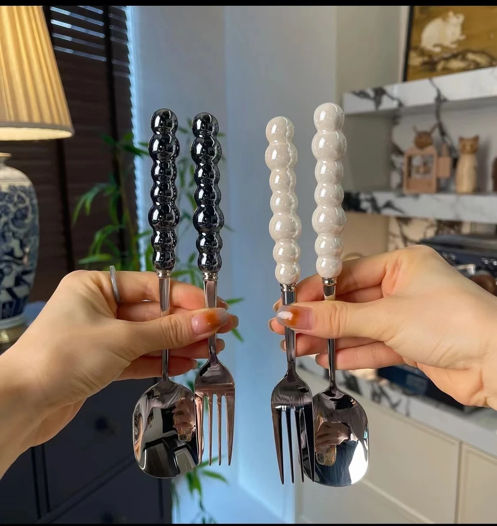 法式精致轻奢电镀陶瓷手柄304食品级不锈钢松弛感镜面高颜值勺叉