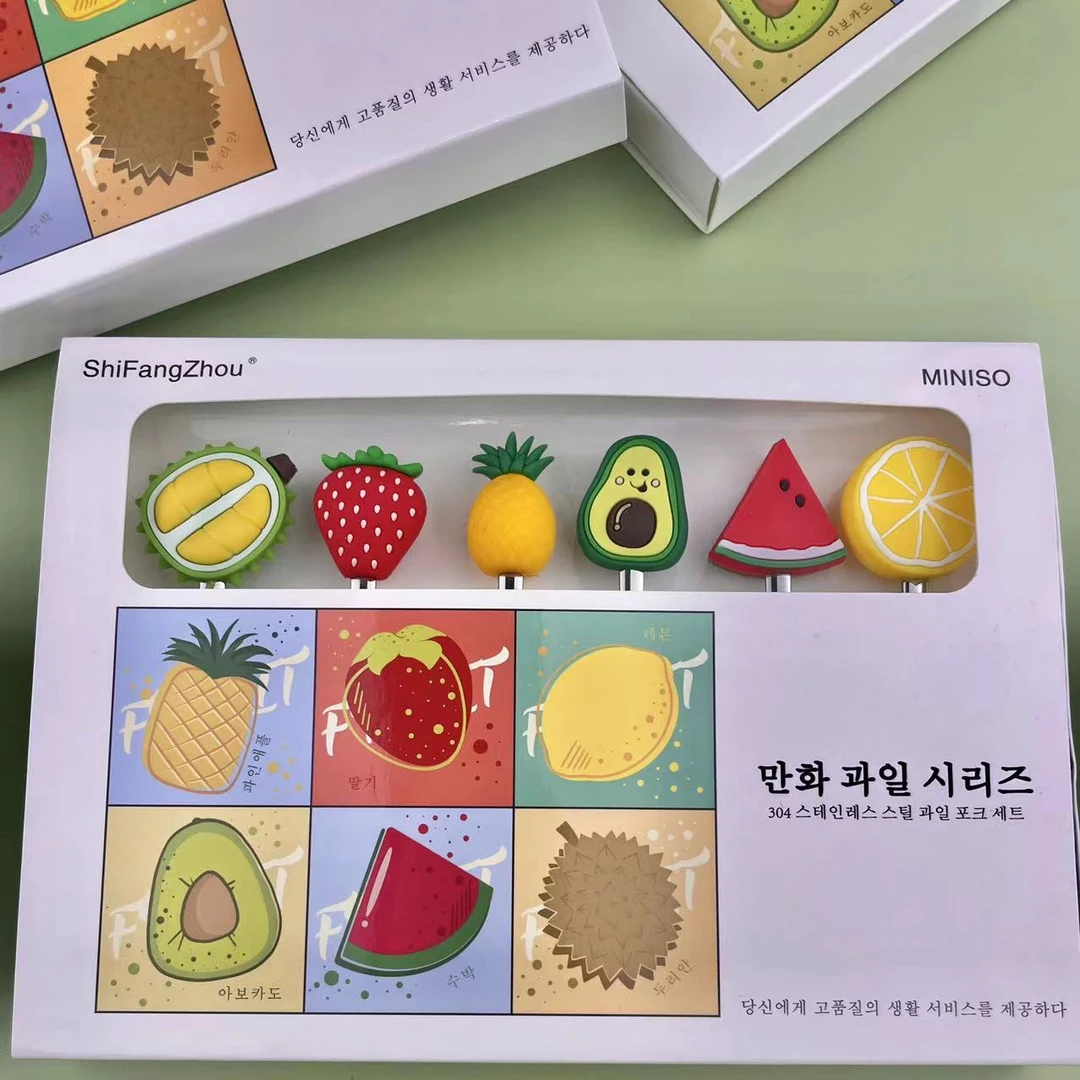 出韩国订单！新年创意卡通硅胶304不锈钢水果叉子轻奢礼盒餐具套装