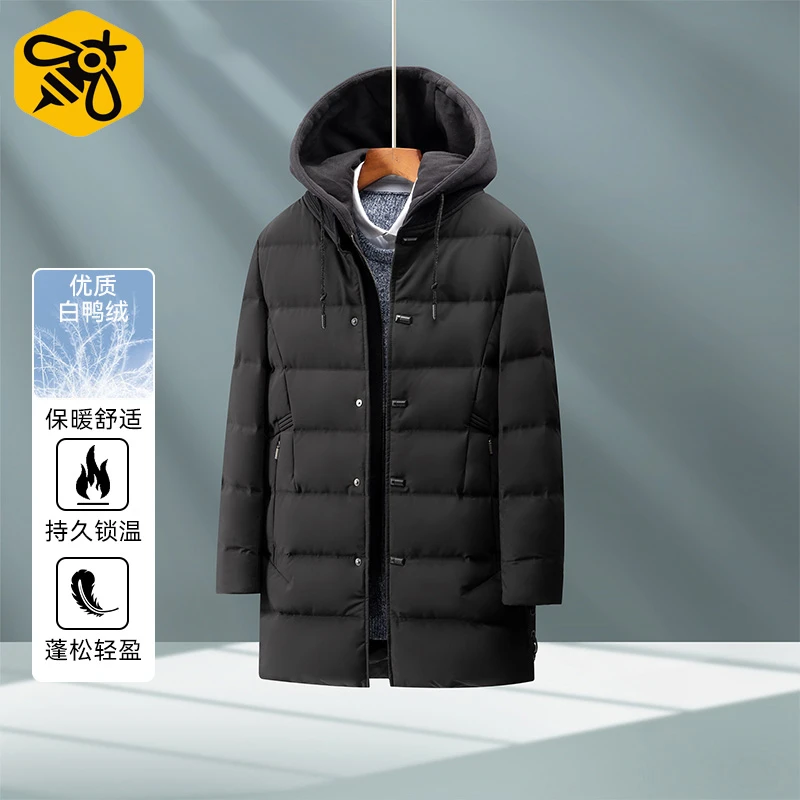 【蜂窝】男女同款冬季款可脱卸加厚连帽中长款防水羽绒服V5T34300