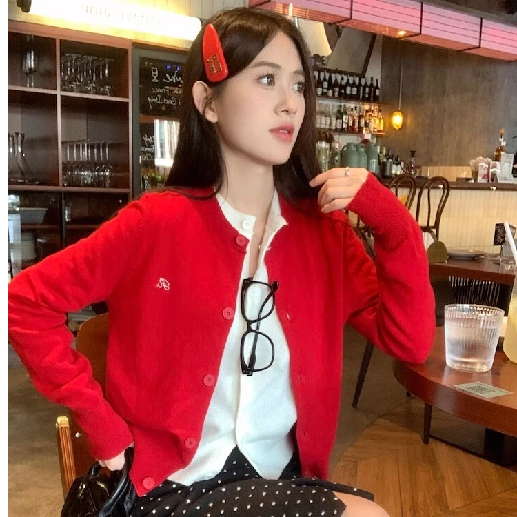 韩系红色毛衣开衫外套女早春秋季2024年新款外搭宽松显瘦针织上衣