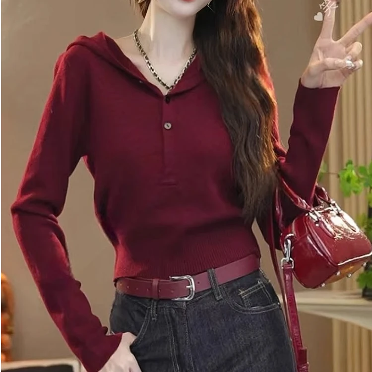 2024秋季新款简约时尚设计感长袖连帽衫单排扣打底衫百搭女装上衣