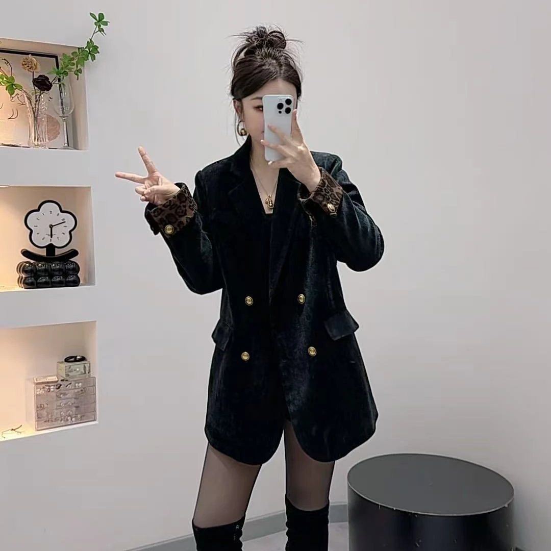 春款单内里豹纹雪花绒西装韩版休闲显瘦气质感外套+腰带--33#