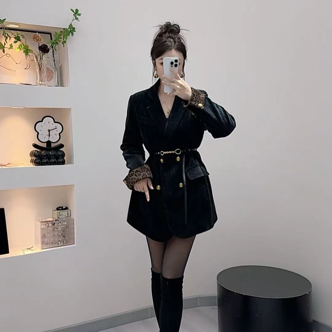 106#豹纹雪花绒加棉西装2024新款休闲时尚显瘦气质感外套+腰带