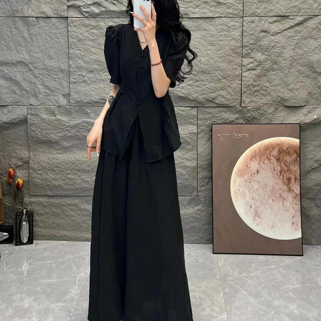 小包扣高级气质感时尚收腰显瘦洋气高腰压褶上衣裙子两件套套装