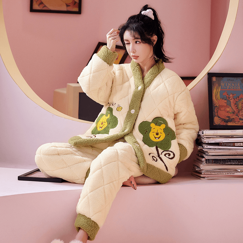 【迪士尼】珊瑚绒睡衣女冬季三层夹棉加厚保暖甜美可爱家居服套装