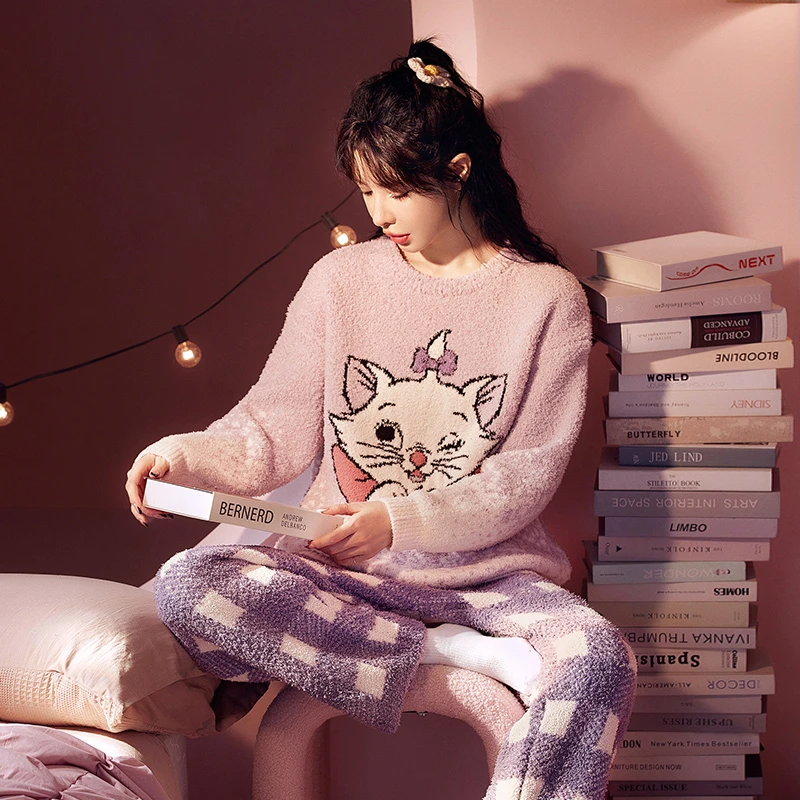 【迪士尼】玛丽猫冬季睡衣女珊瑚绒加绒加厚保暖半边绒家居服套装