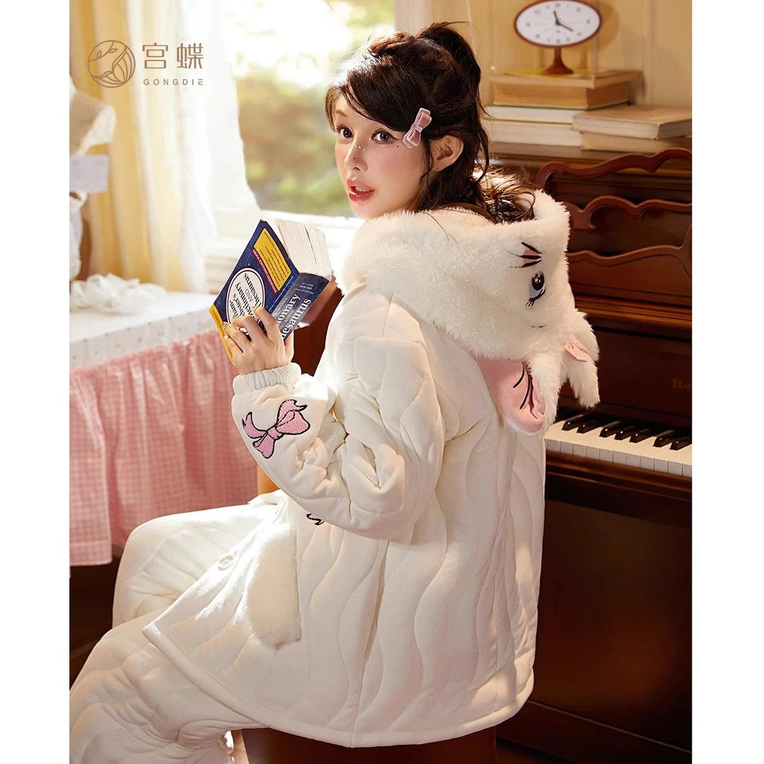 宫蝶【御寒型】迪士尼玛丽猫珊瑚绒夹棉睡衣女秋冬加厚保暖家居服