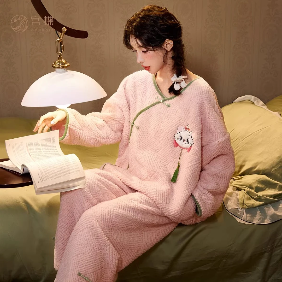 宫蝶【蓄热型】迪士尼玛丽猫珊瑚绒睡衣女秋冬加厚新中式家居服女