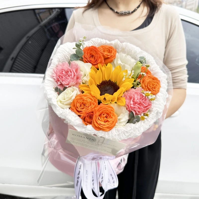 时光美人『2朵粉康1朵向日葵小香风花束』送妈妈长辈送老婆节日花束鲜花订购同城配送小时达