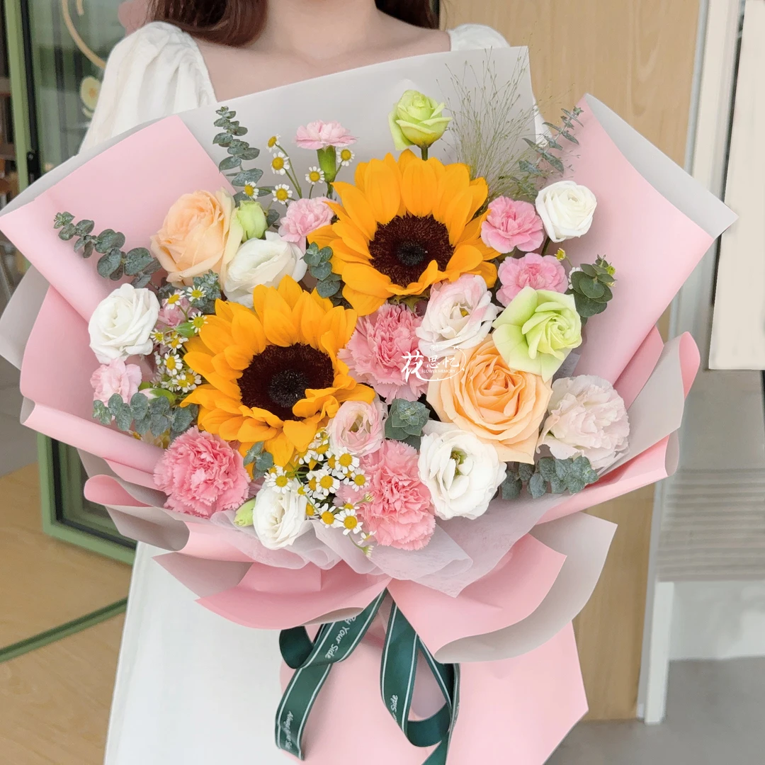 顾复之恩❤『2朵向日葵2朵香槟玫瑰3朵粉康混搭花束』感恩妈妈送妈妈节日鲜花礼物·同城花店配送上门