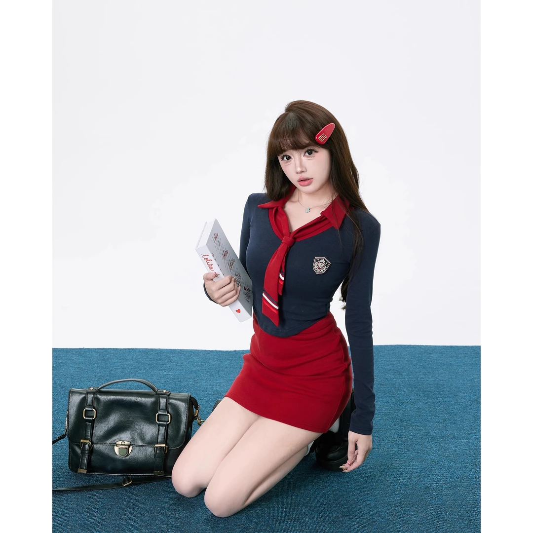 【五折清仓】 柏林少女 撞色拼接长袖短款针织衫女秋季学院风套装