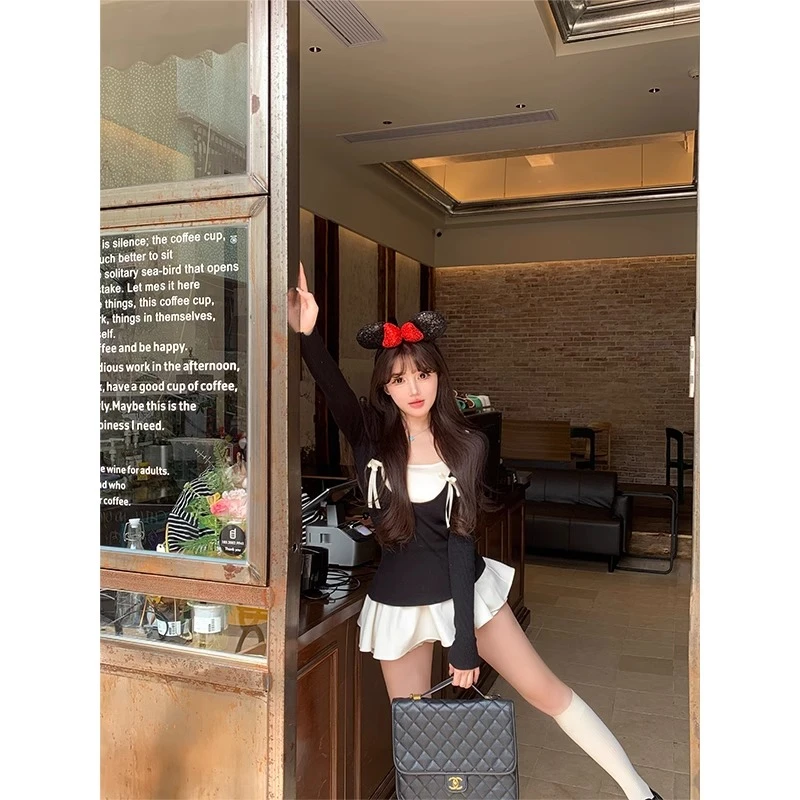 笨比甜~假两件撞色蝴蝶结圆领长袖针织衫女春季别致毛衣修身套装