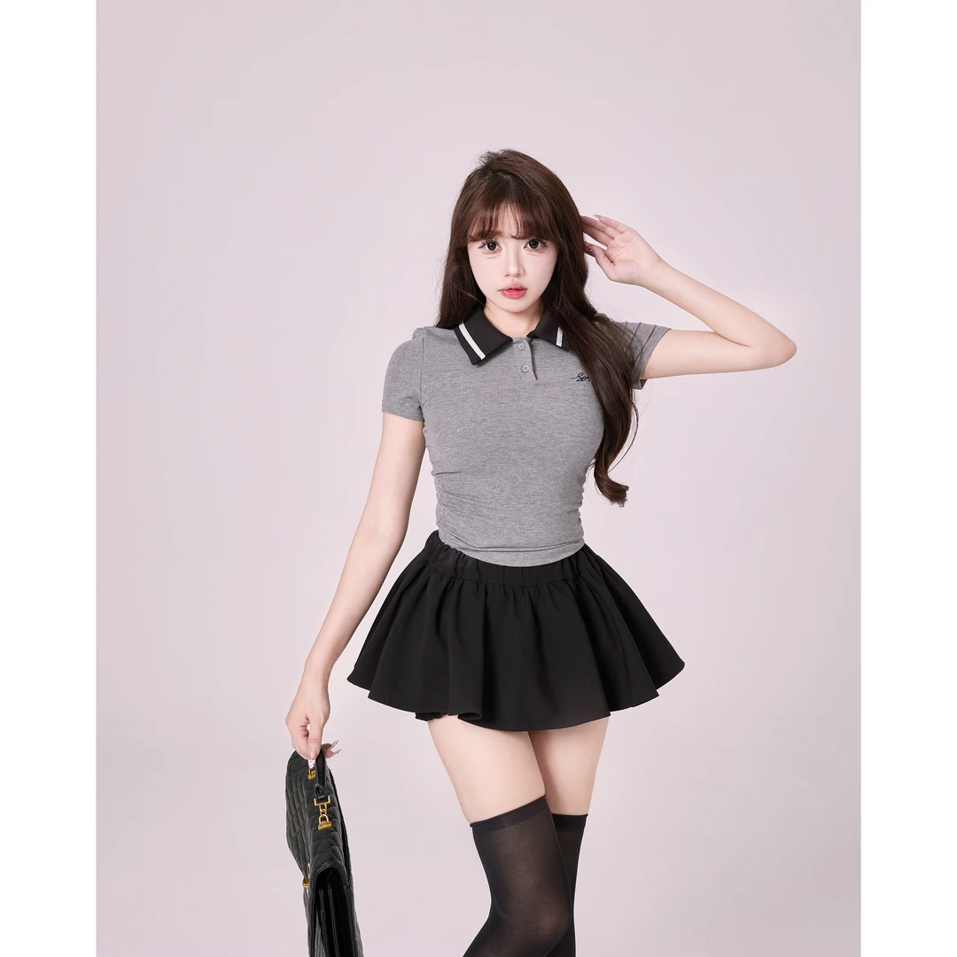 笨比甜Sweety 少女时代 百搭灰色polo领T恤女夏季学院风薄款上衣