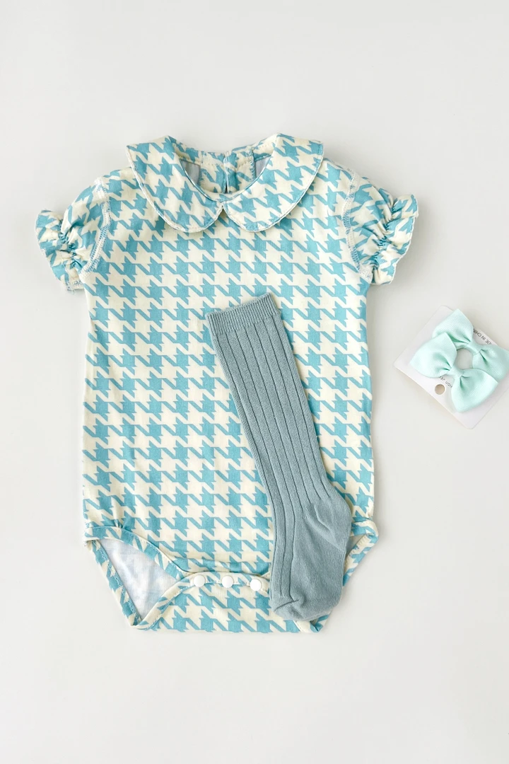 绿色千鸟格丨娃娃领夏日女宝婴幼儿A类纯棉无骨包屁衣哈衣洋气