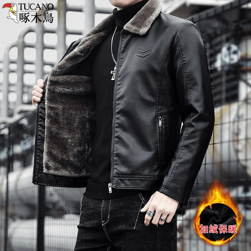 TUCANO/啄木鳥冬季加绒加厚皮衣保暖外套中年爸爸百搭休闲夹克男