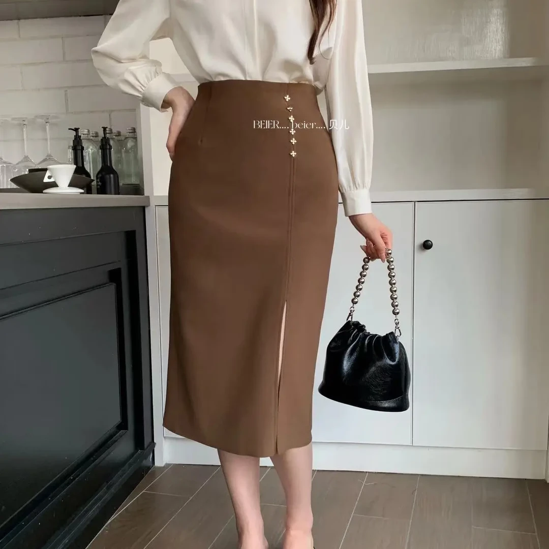 133-180优雅高腰修身半身裙精致装饰开叉设计显瘦半身裙秋季