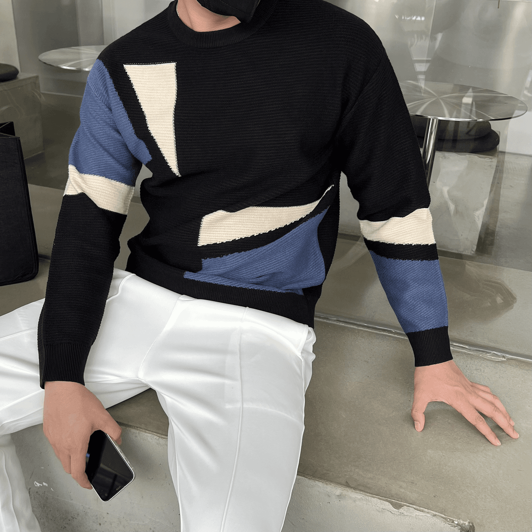 拼接撞色圆领毛衣男士秋冬季百搭宽松休闲慵懒风设计感针织衫8207