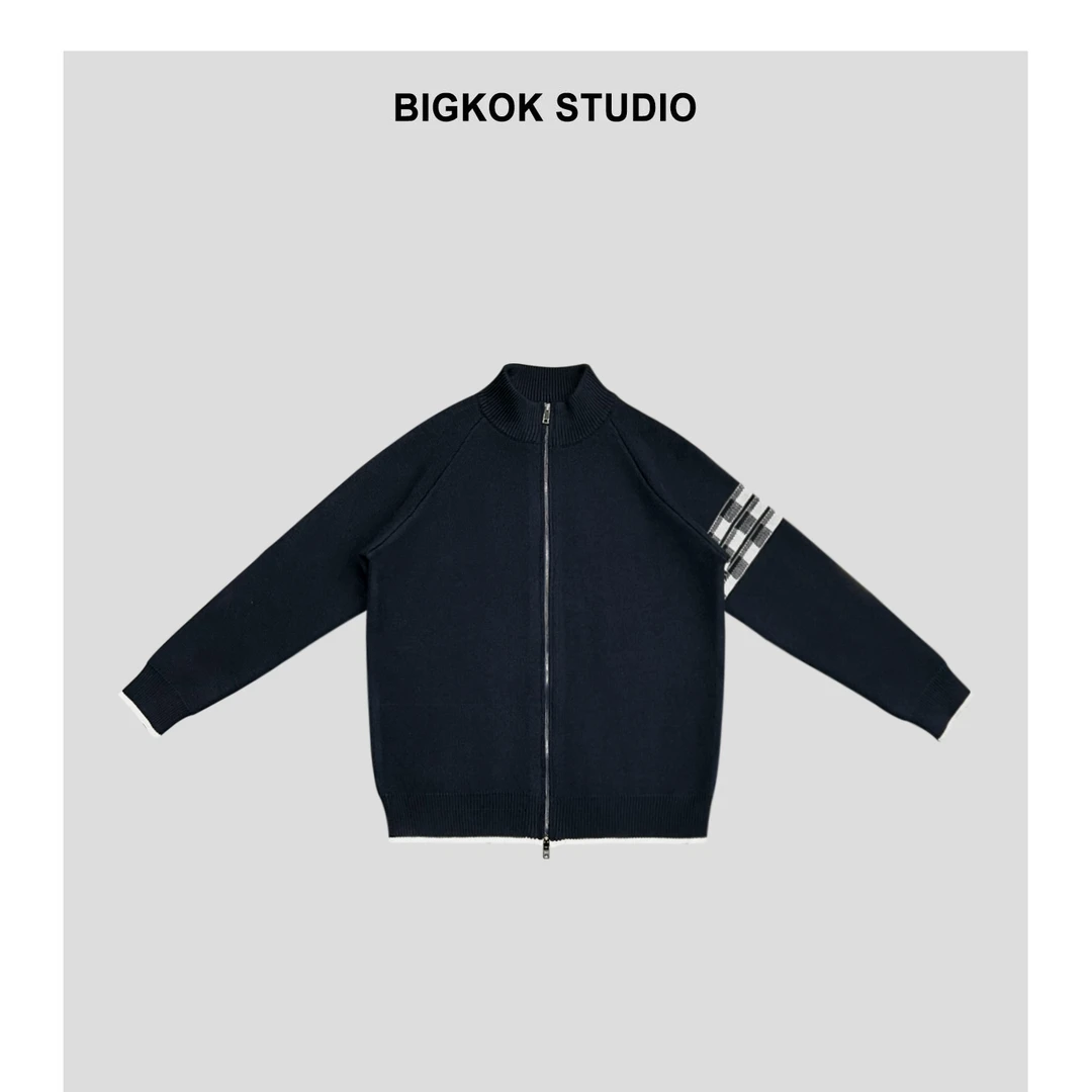 三杆菱格TB拼接双拉链针织开衫秋冬季轻奢复古男女款立领毛衣外套