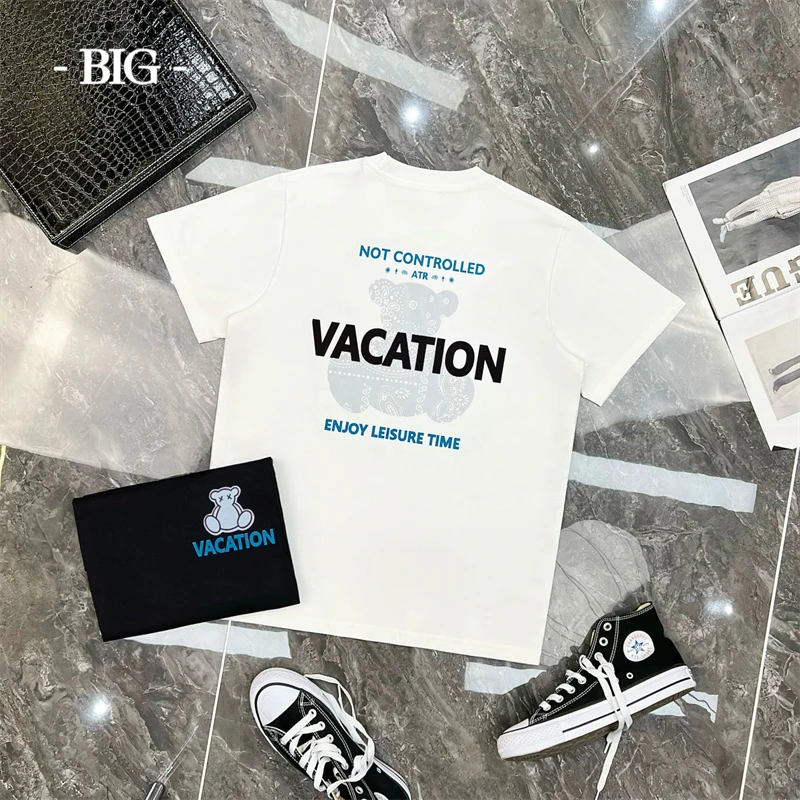 重磅纯棉小熊印花宽松休闲短袖t恤男女同款圆领潮流百搭夏款男士