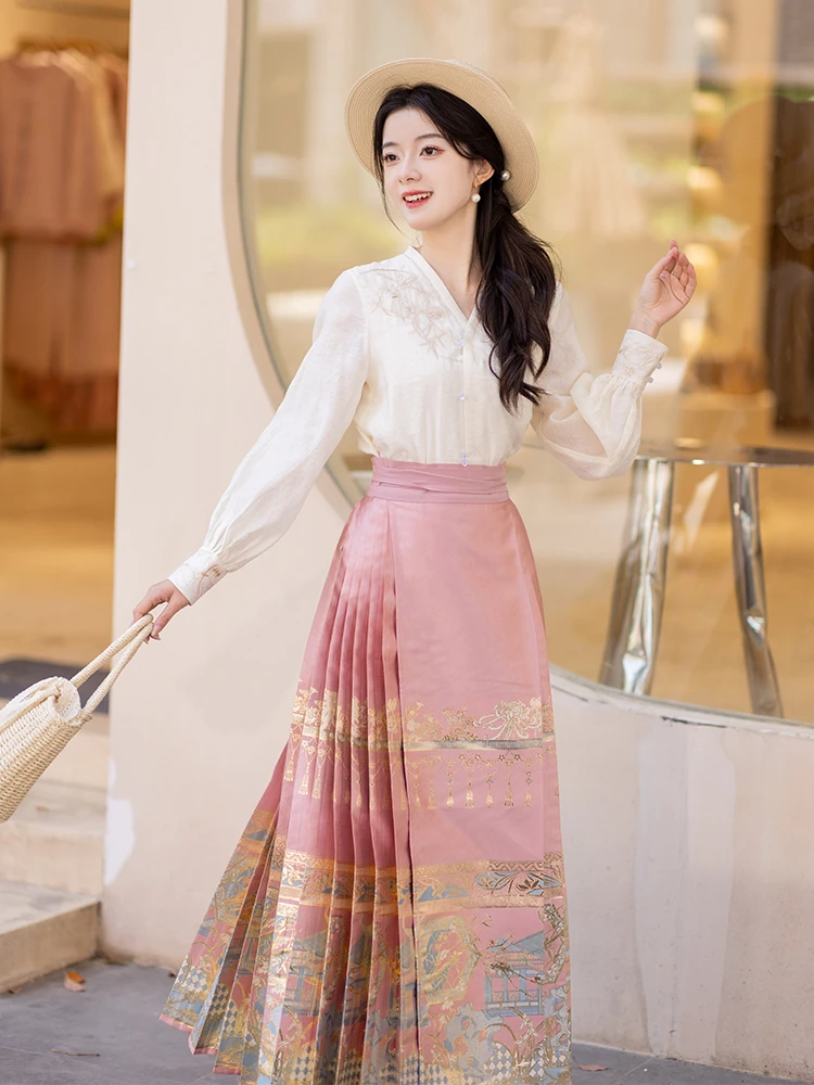 池夏【中国符号:入画江南】明制天丝衬衫仿妆花马面原创改良汉服