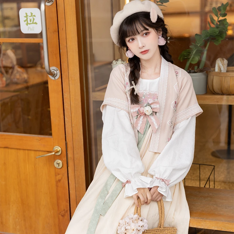 池夏【蔷薇回廊】唐褙子圆领衫齐胸破裙原创改良汉服女