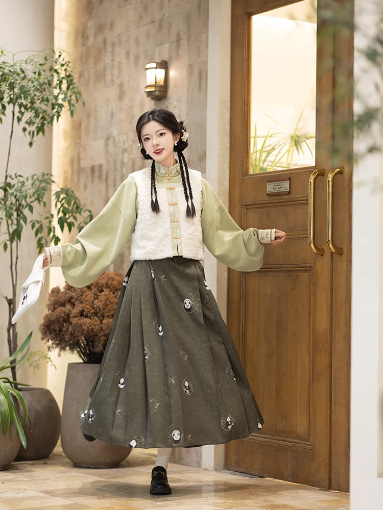 池夏【小雪·竹林间】短衫毛绒比甲汉元素四对褶马面裙熊猫印花包