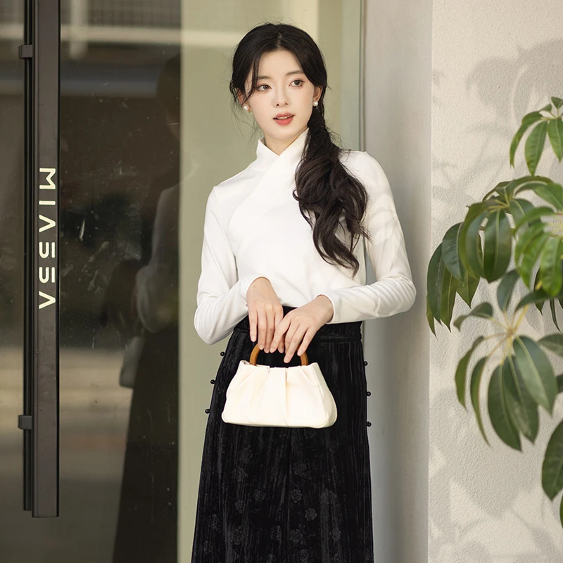 池夏【书卷:暖云天】改良交领打底衫内搭百搭白黑红3色款 秋冬女