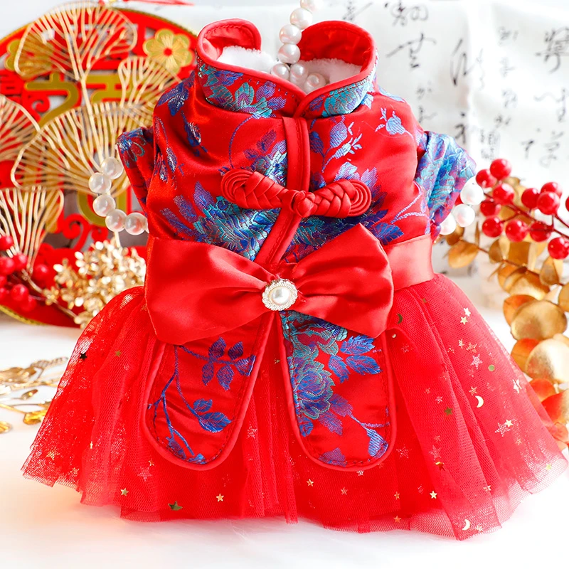 狗狗衣服秋冬装厚款猫咪公主唐装纱裙新年旗袍小型犬泰迪宠物4957