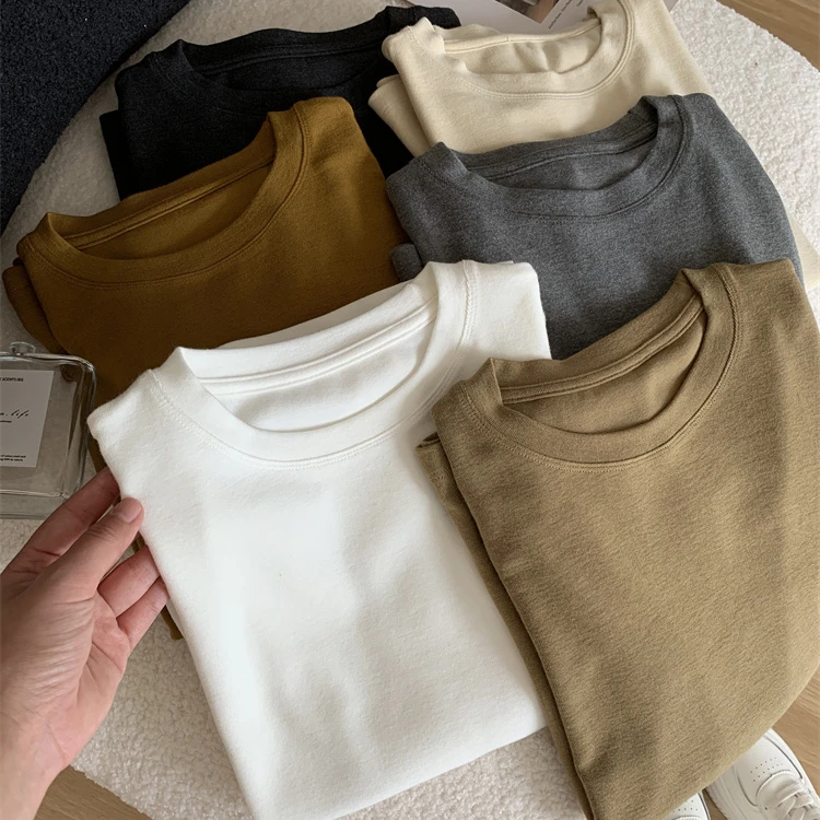 仿Y绒打底衫女宽松百搭圆领套头长袖T恤秋冬基础款内搭纯色秋衣
