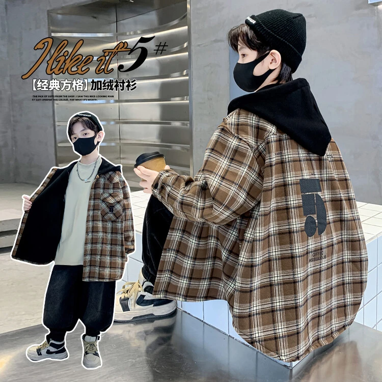 男童冬季加绒外套2024新款儿童冬装中大童秋冬款衬衫上衣加厚帅气