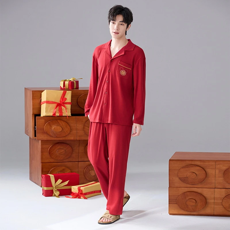 睡衣男德绒长袖开衫翻领加厚结婚男士阳离子家居服套装冬季红色