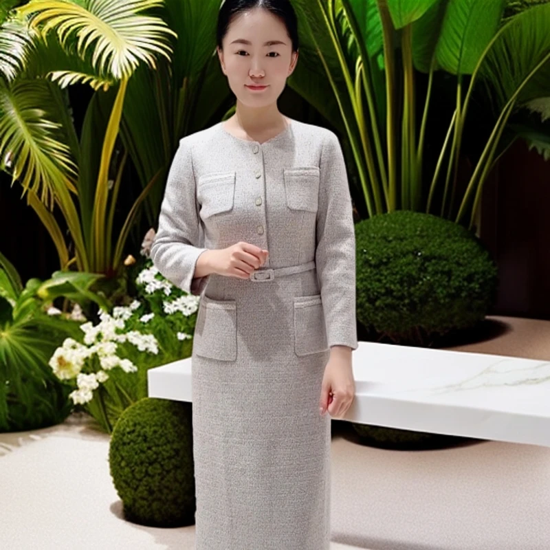 170966慕天姿品牌女装-轻奢系列-气质款驼花色修身显瘦气质连衣裙