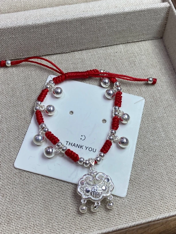 足银布艺手链 足银990纯手工编织中国风长命锁拼搏锁铃铛红绳手链