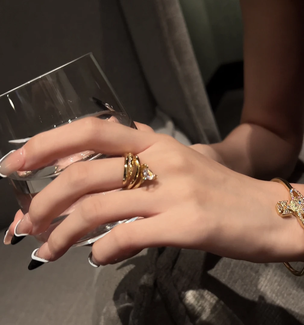 铜合金戒指 高定重工款小众百搭两件套开口调节戒