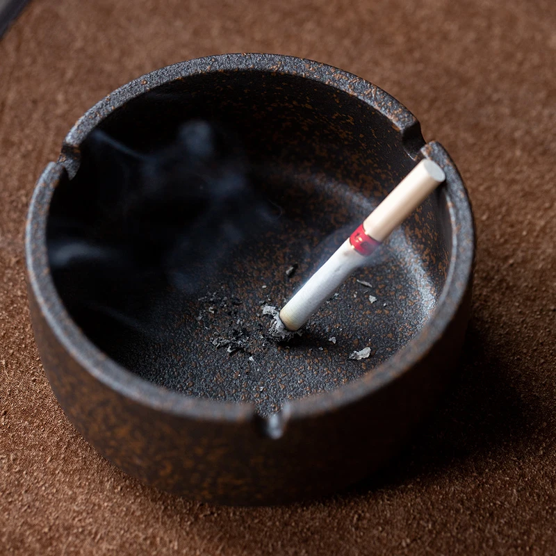 碌心   粗陶烟灰缸复古窑变岩苔烧烟槽夹烟稳固居家办公实用烟缸