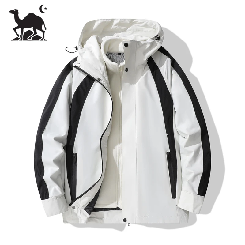 东方骆驼2024新款户外潮流登山拼接撞色情侣连帽冲锋外套A1