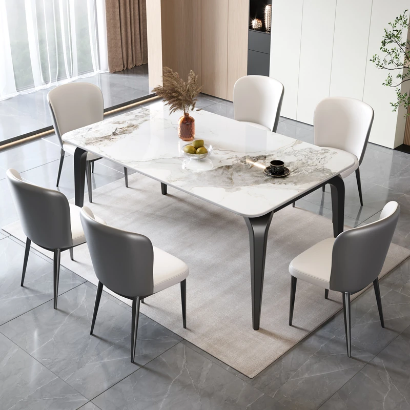 简约轻奢岩板餐桌方圆两用碳素钢框架餐桌椅组合可伸缩家用吃饭桌