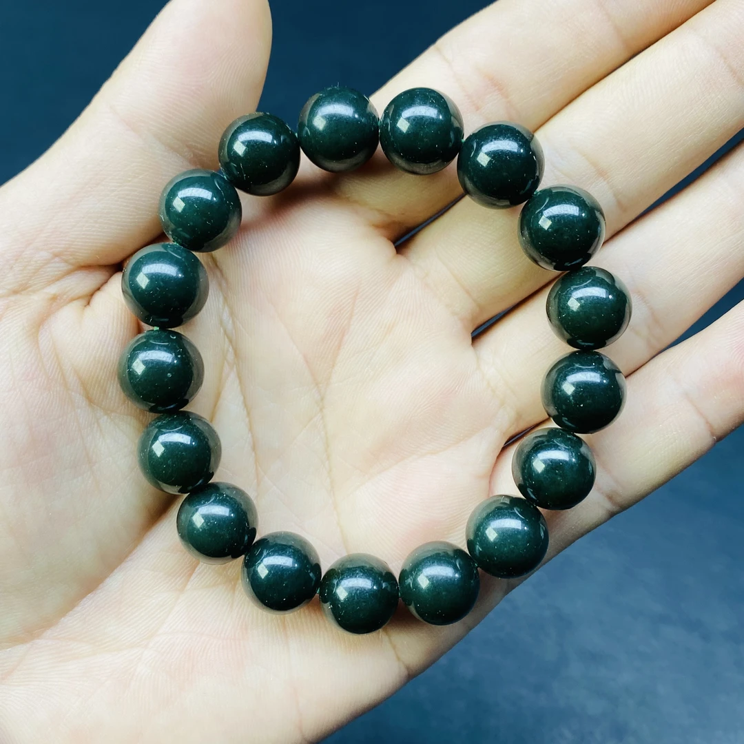和田玉青玉黑油青手串卡12纯天然