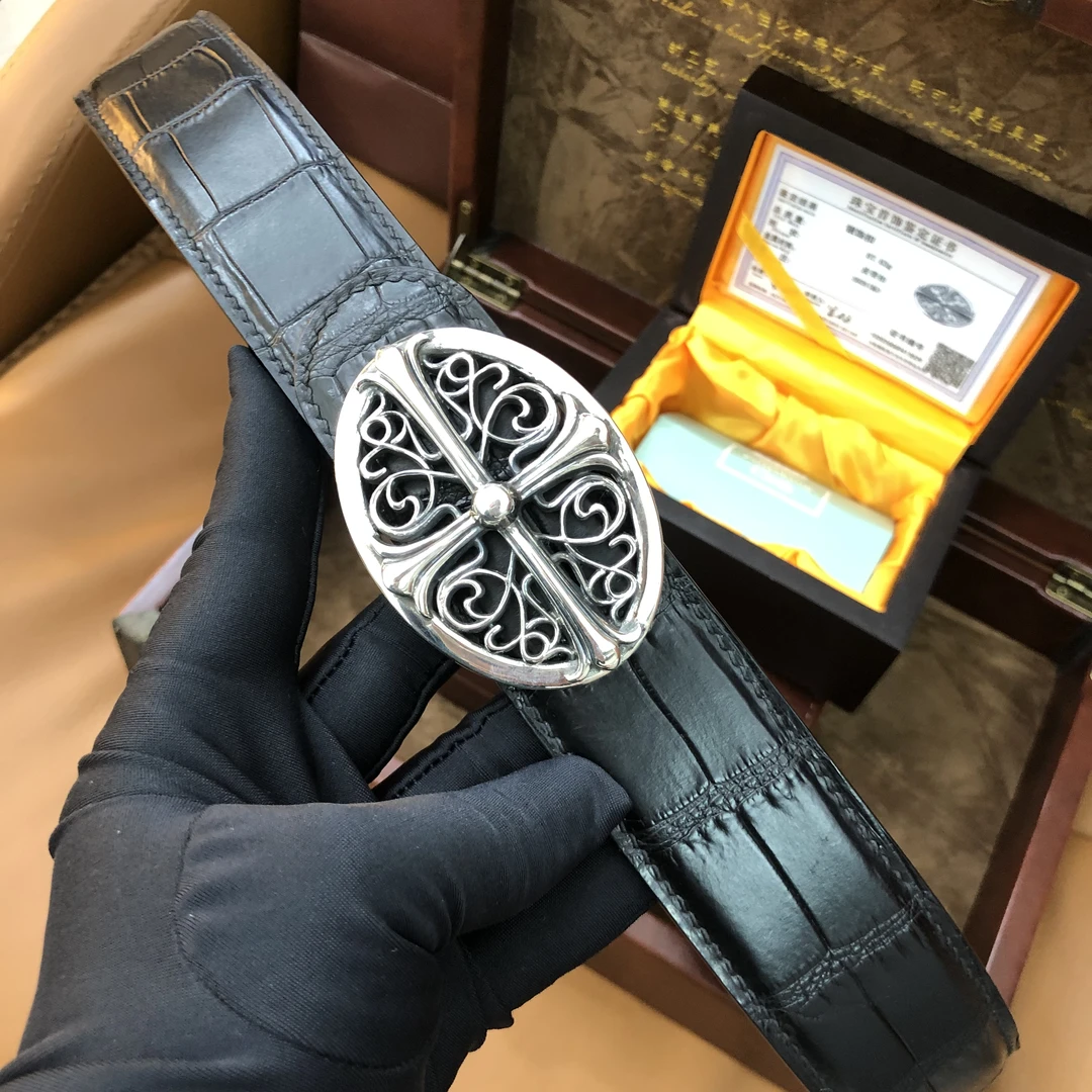 高端正宗鳄鱼皮纯手工尼罗雾面皮带搭配925纯银扣男士真皮腰带