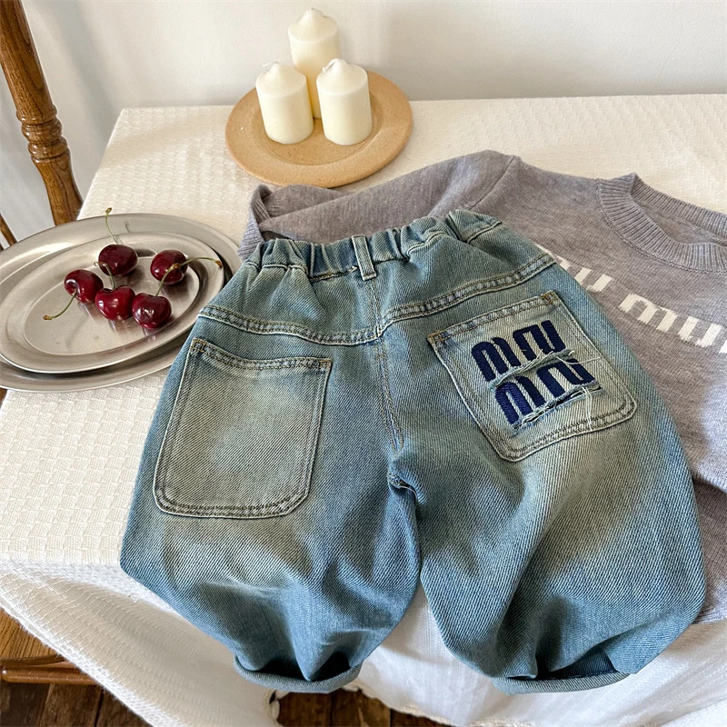 儿童长裤2024春新款男女童做旧字母牛仔裤宝宝韩版潮牌直筒裤