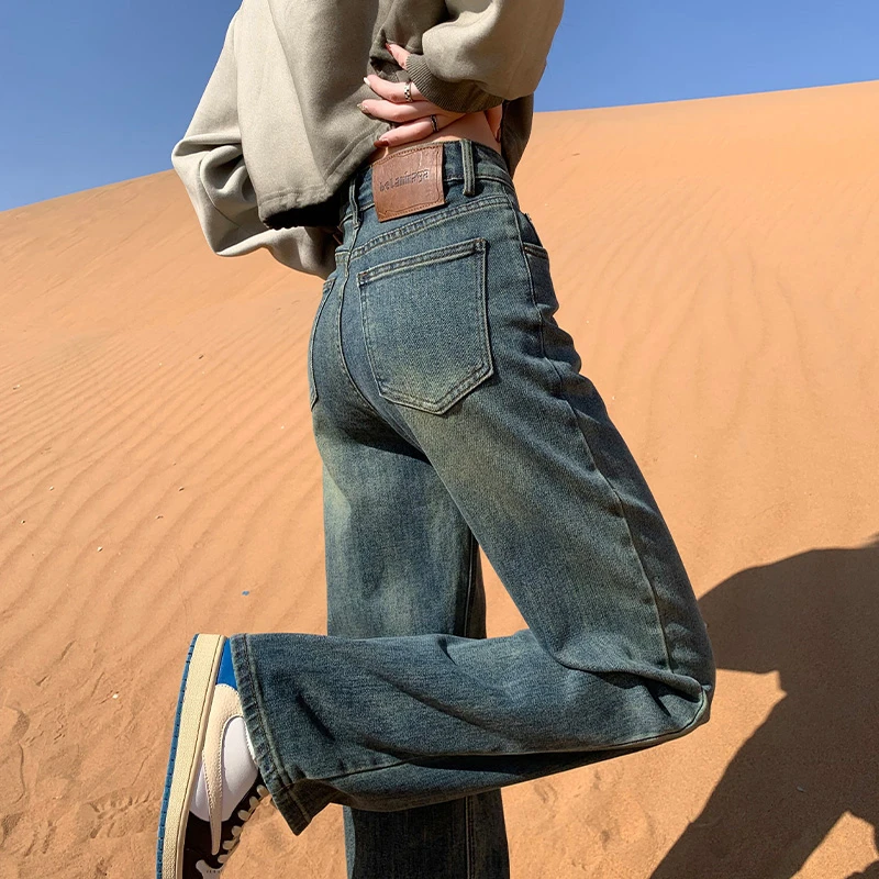 默认瑕疵韩版牛仔裤子大码春秋高腰复古宽松长裤百搭显瘦秋冬小个